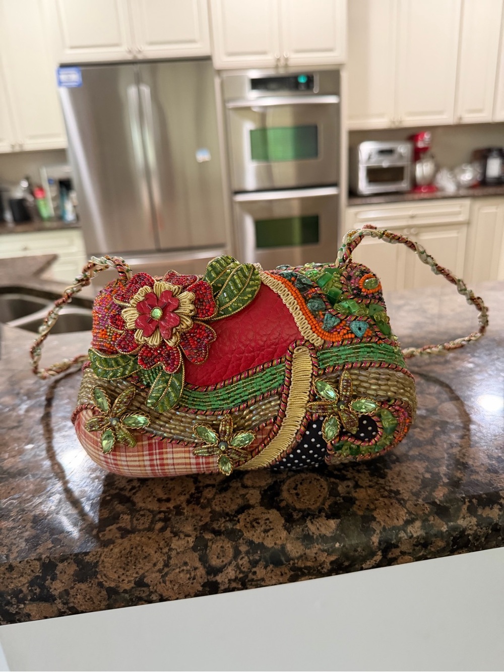 Mary Frances Red Floral Beaded Patchwork Crossbody